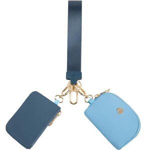 Dual Pouch Wristlet Keychain Wallets for Women Navy+Sky Blue (Gold Hardware)